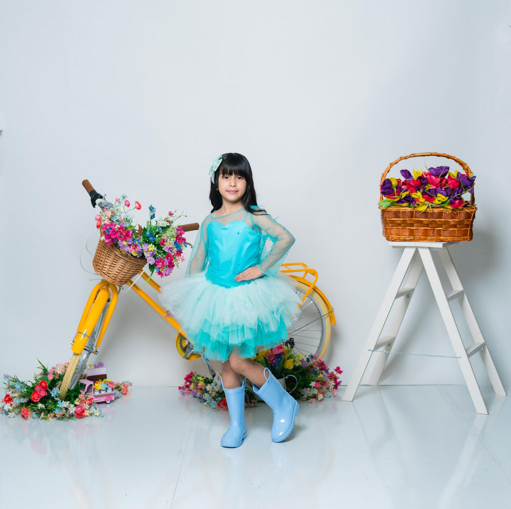 Teal Three piece set with pearl rhinestone mesh