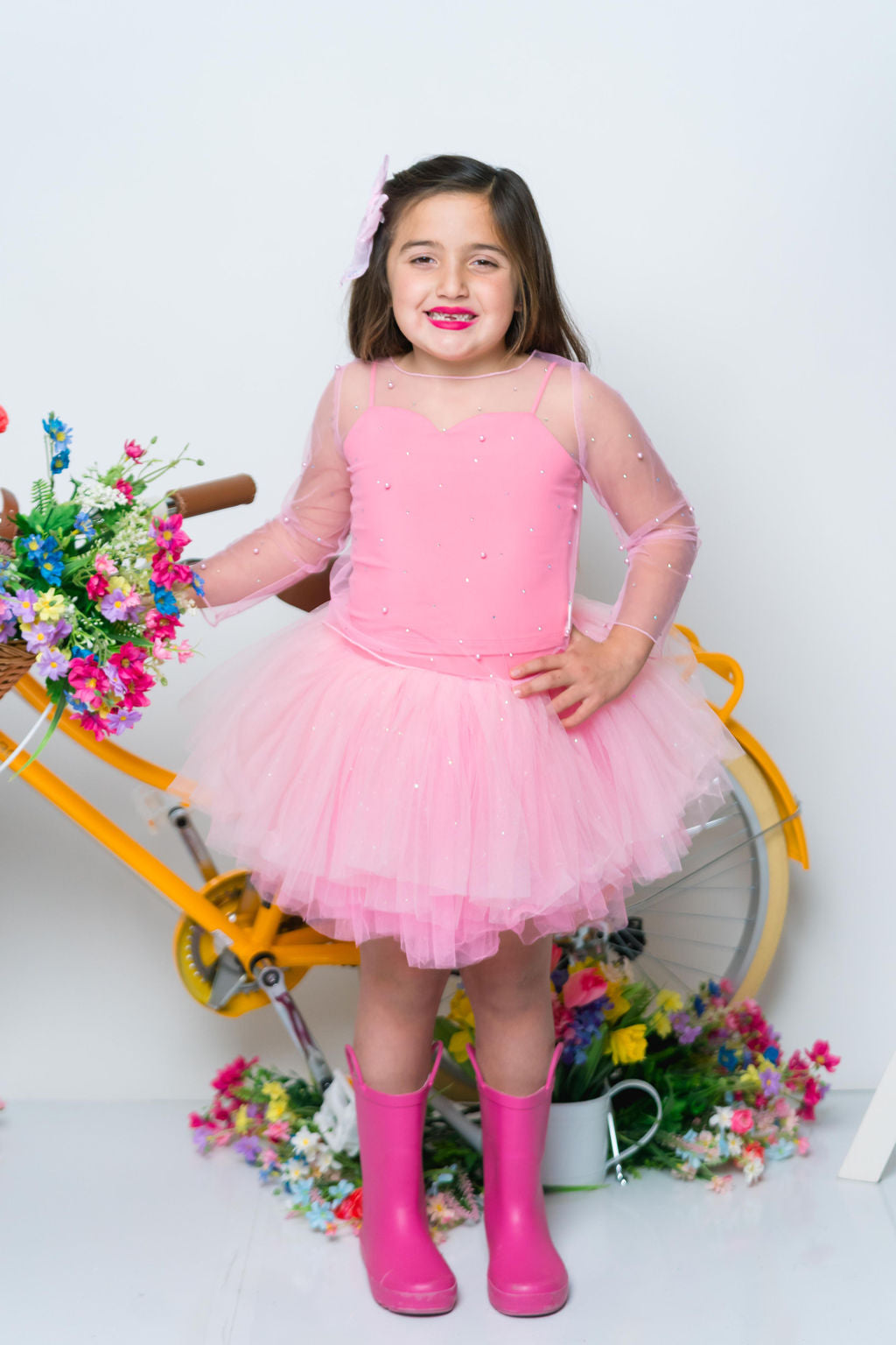 Pink Three piece set with pearl rhinestone mesh