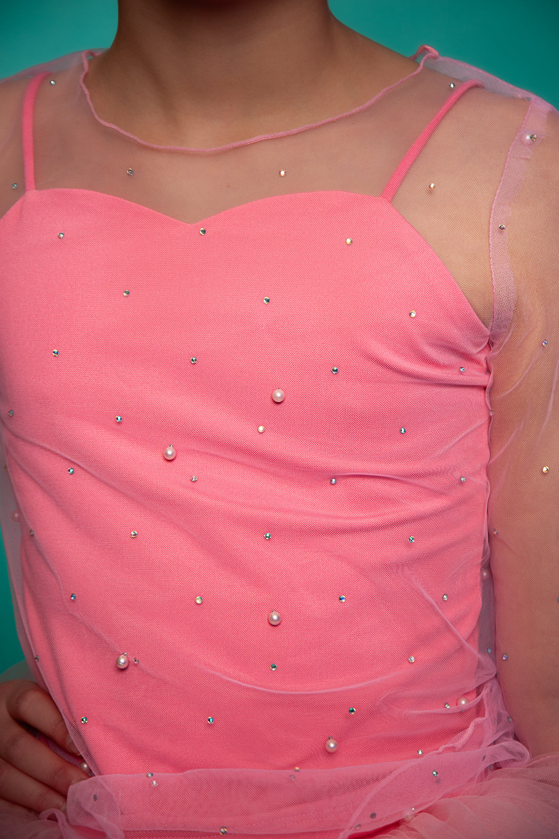 Pink Three piece set with pearl rhinestone mesh