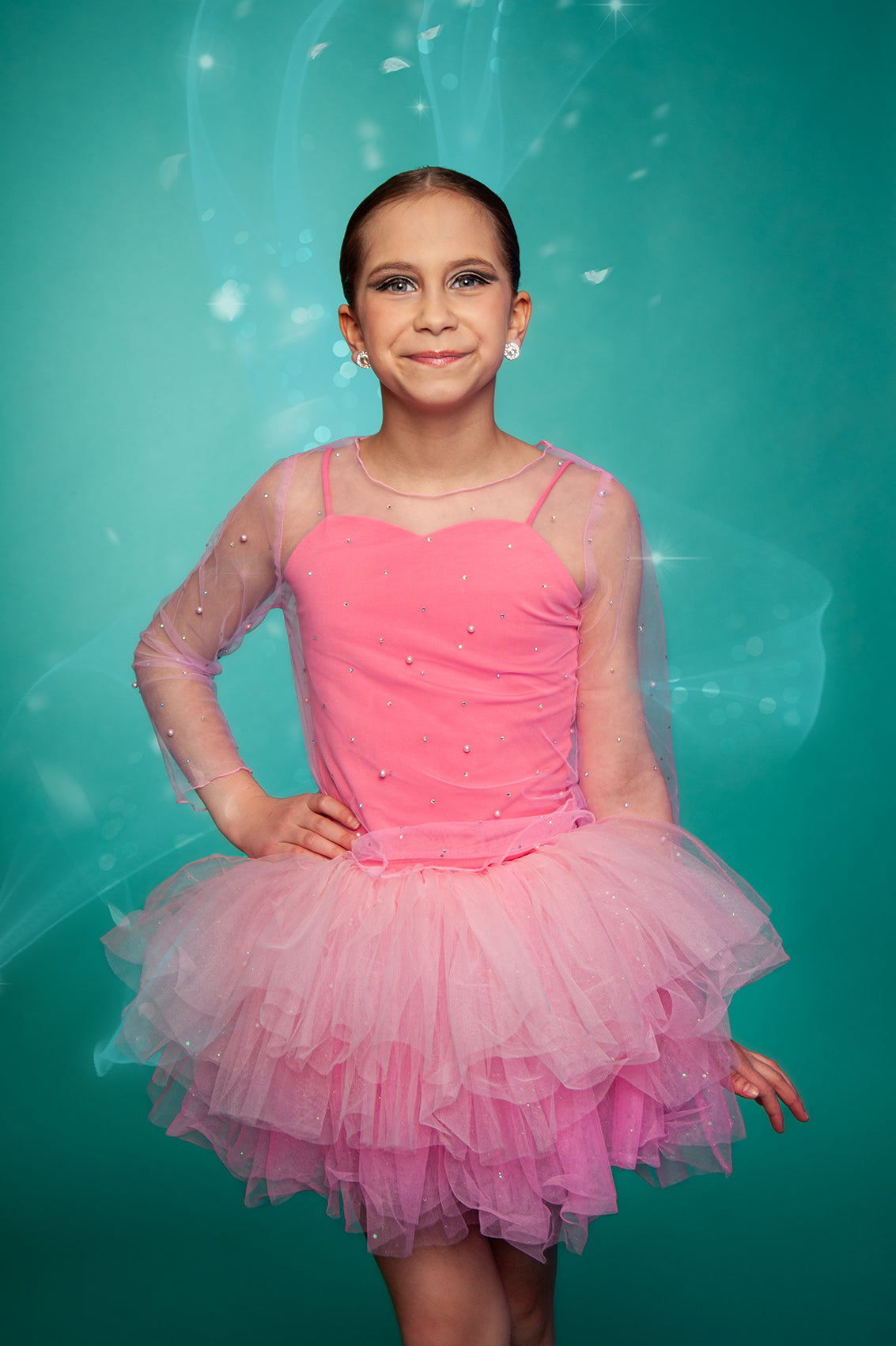 Pink Three piece set with pearl rhinestone mesh