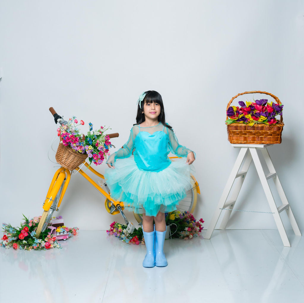 Teal Three piece set with pearl rhinestone mesh