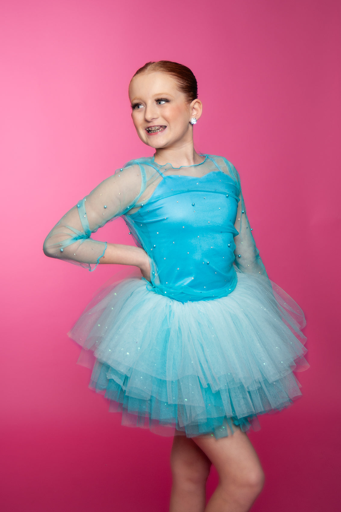 Teal Three piece set with pearl rhinestone mesh