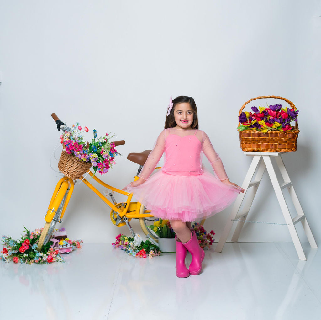 Pink Three piece set with pearl rhinestone mesh