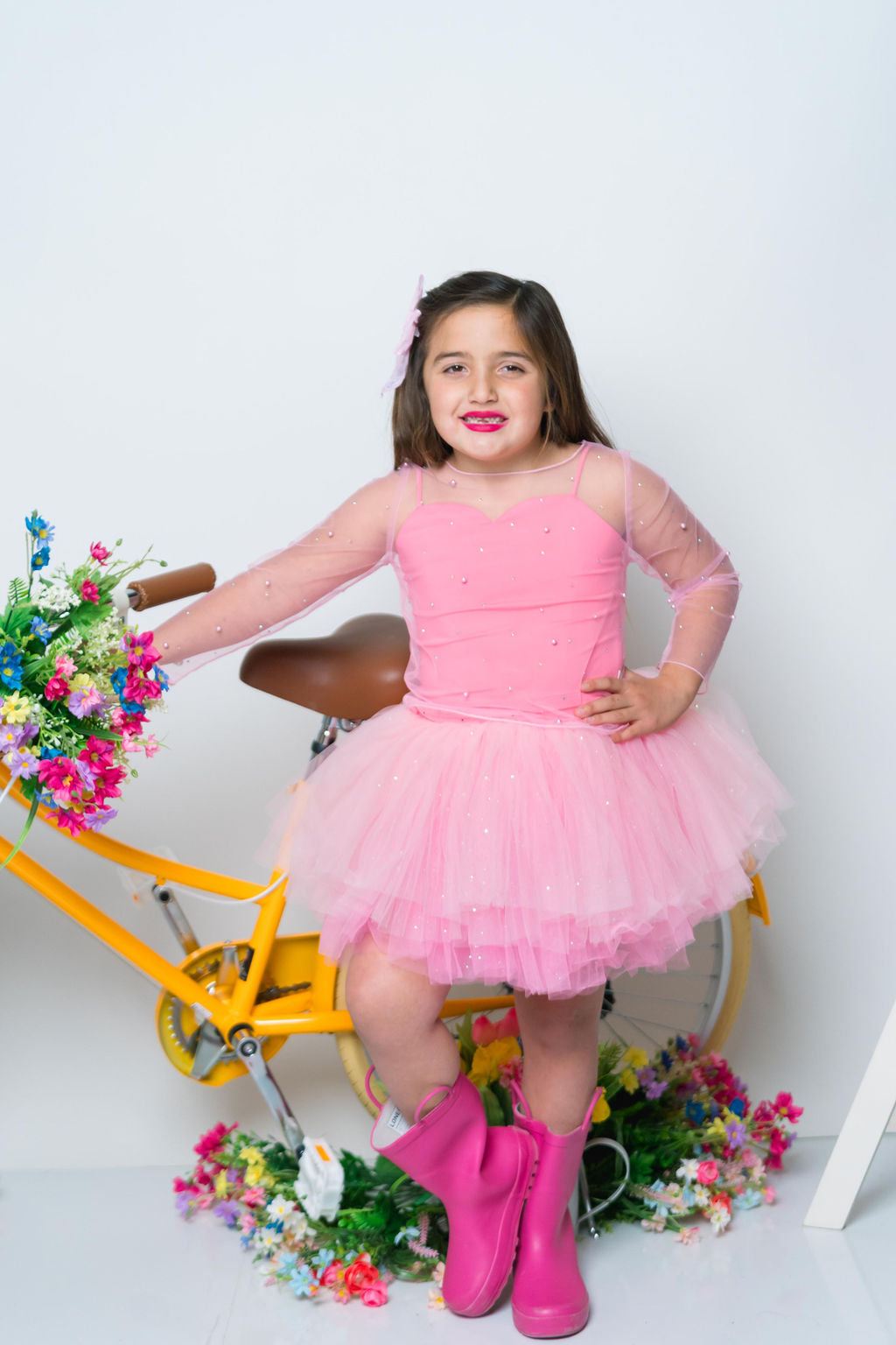 Pink Three piece set with pearl rhinestone mesh