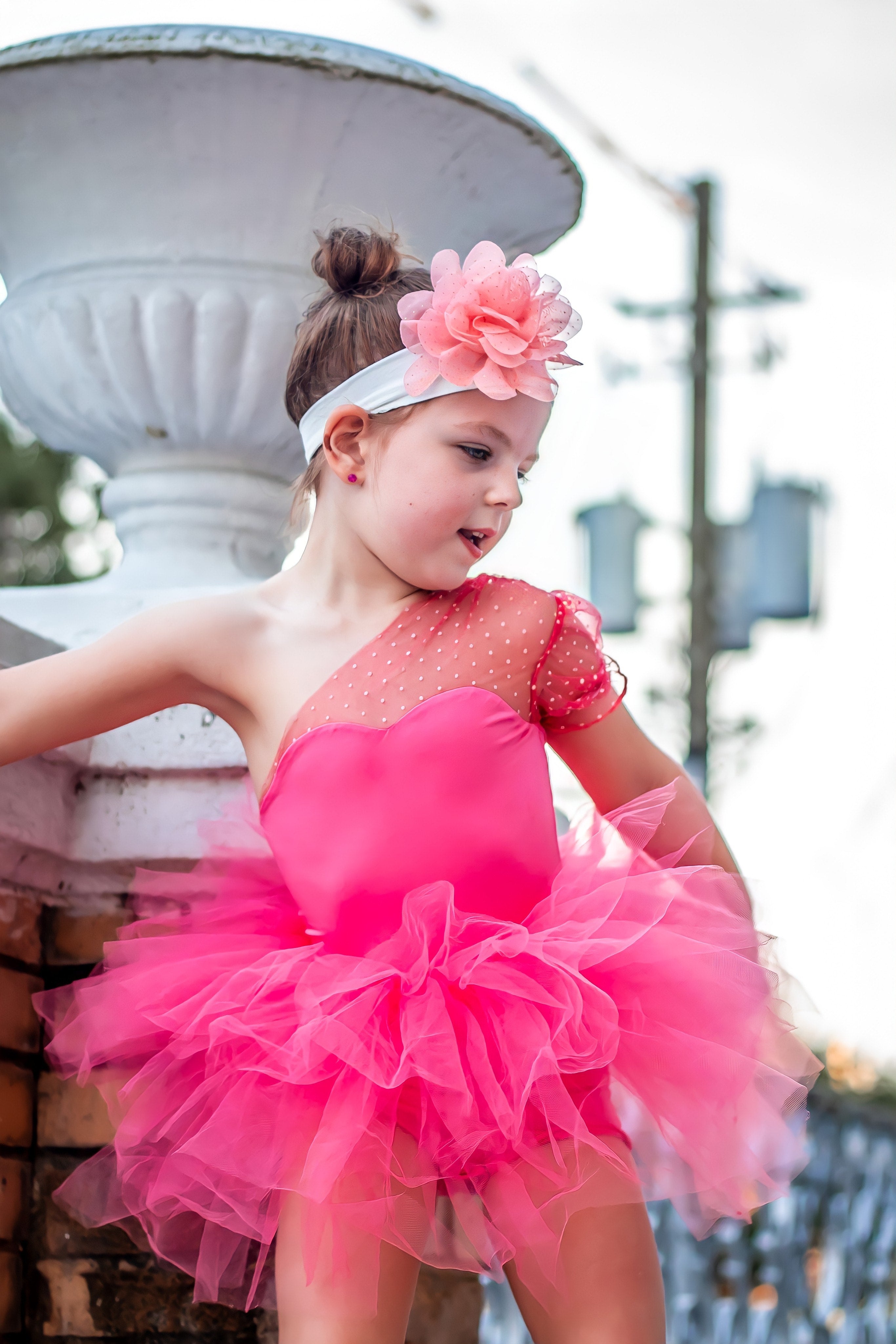 Pink one shoulder sweetheart neckline tutu leotard- one piece
